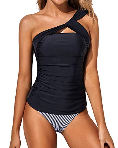 Emoswim - Flattering Two Piece Tankini Bathing Suits One Shoulder Swim Top And Shorts Swimsuits-Black Stripe