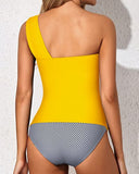 Emoswim - Women's 2 Piece One Shoulder Tankini Swimsuit Shorts-Yellow Stripe