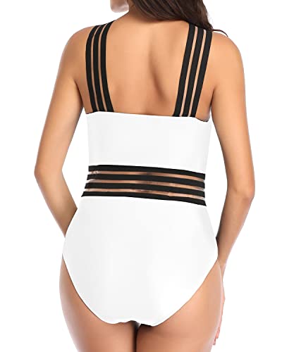 Emoswim - Mesh Panel Design One Piece Tummy Control Bathing Suit-White
