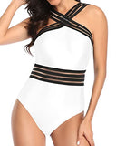 Emoswim - Mesh Panel Design One Piece Tummy Control Bathing Suit-White