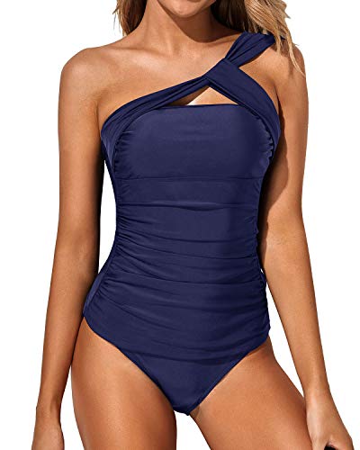 Emoswim - Flattering Two Piece One Shoulder Swim Top Shorts-Navy Blue