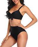 Emoswim - Sexy Tummy Control Ruched Tie Knot Bathing Suits For Women High Waisted Bikini Set-Black