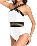 Emoswim - Mesh Panel Design One Piece Tummy Control Bathing Suit-White