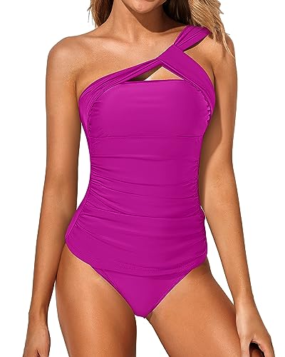 Emoswim - One Shoulder Ruched Tummy Control Two Piece Set