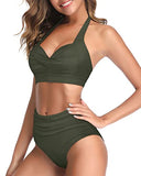 Emoswim - Women's Vintage Retro Halter High Waist High Leg Bikini Swimsuit-Army Green
