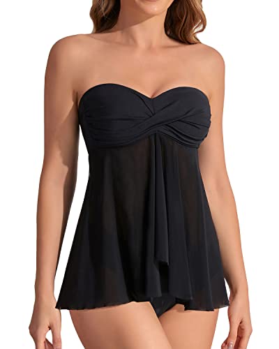 Emoswim - Women's Flyaway Halter Bandeau Tankini Mid Rise Bottoms-Black
