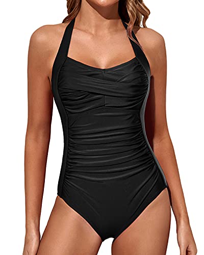 Emoswim - Halter Vintage Swimwear Slimming One Piece Swimwear-Black