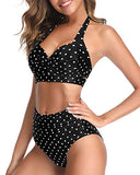 Emoswim - Adjustable Self-Tie Halter Neck Vintage High Waisted Bikini-Black Dot