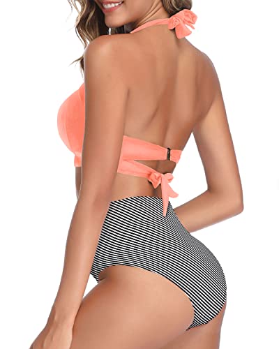 Emoswim - Figure-Flattering High Cut Legs Women's Bikini Swimsuits-Coral Pink Stripe