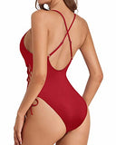 Emoswim - Deep Plunge V Neck Bathing Suits Womens 1 Piece Swimsuits-Red