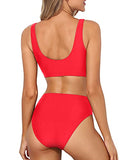 Emoswim - Tummy Hiding High Waisted Bikini Two Piece Scoop Neck Bikini For Women-Neon Red