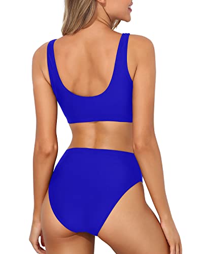 Emoswim - High Cut Two Piece Bikini Crop Top High Cut Swimsuit-Royal Blue