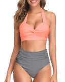 Emoswim - Figure-Flattering High Cut Legs Women's Bikini Swimsuits-Coral Pink Stripe