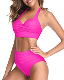 Emoswim - High Waisted Pleated Front Panel Women's Bikini Swimsuits-Neon Pink