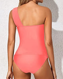 Emoswim - Stylish Two Piece One Shoulder Swim Top Shorts-Coral Pink