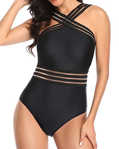 Emoswim - Comfy Shoulder Strap Crisscross One Piece Swimsuit-Black