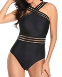 Emoswim - Comfy Shoulder Strap Crisscross One Piece Swimsuit-Black