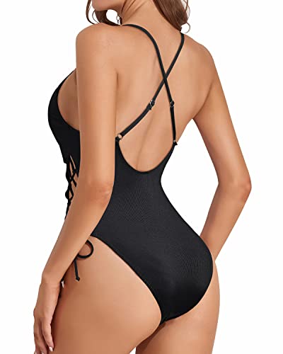 Emoswim - Deep Plunge V Neck Sexy One Piece Swimsuit For Women-Black
