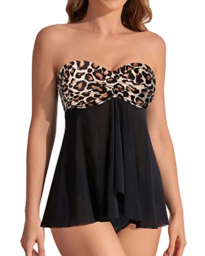 Emoswim - 2 Piece Halter Bandeau Tankini Swimsuits For Women-Black And Leopard