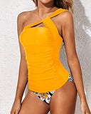 Emoswim - Women's 2 Piece Tankini One Shoulder Top & Tummy Control Shorts-Yellow Floral