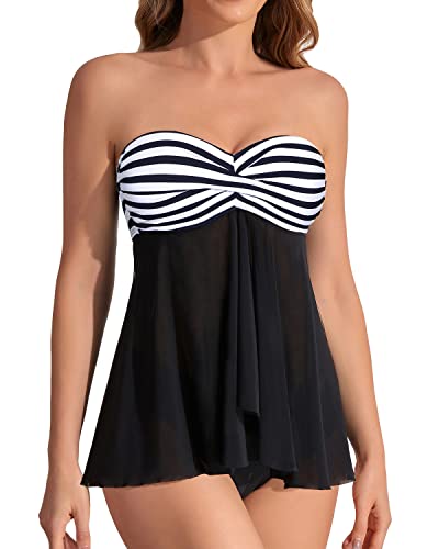 Emoswim - Women's Mid Rise Halter Bandeau Flyaway Tankini Swimsuit-Black And White Stripe