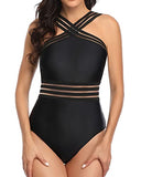 Emoswim - Comfy Shoulder Strap Crisscross One Piece Swimsuit-Black