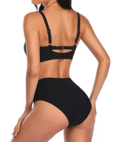 Emoswim - Sexy Tummy Control Ruched Tie Knot Bathing Suits For Women High Waisted Bikini Set-Black