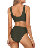 Emoswim - Push-Up Bra Support Bikini Set Two Piece Scoop Neck Bikini For Women-Army Green