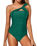 Emoswim - Women's Sexy Ruched One Shoulder Tankini Swimsuit-Emerald Green