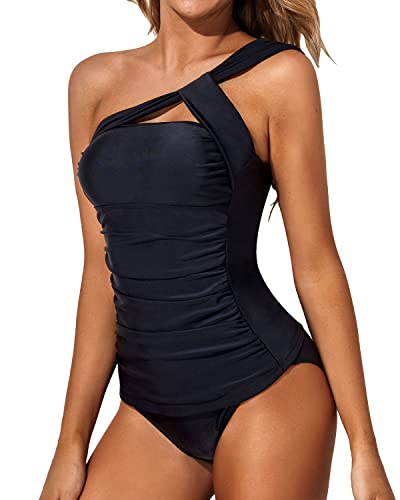 Emoswim - Asymmetrical Cut & Tummy Control Two Piece Tankini Bathing Suits For Women-Black