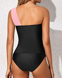 Emoswim - Women's Tummy Control Tankini Swimsuit One Shoulder Top & Shorts-Pink And Black