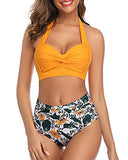 Emoswim - Stylish Highwaist Bikini Padded Push Up Bra Bathing Suit-Yellow Floral