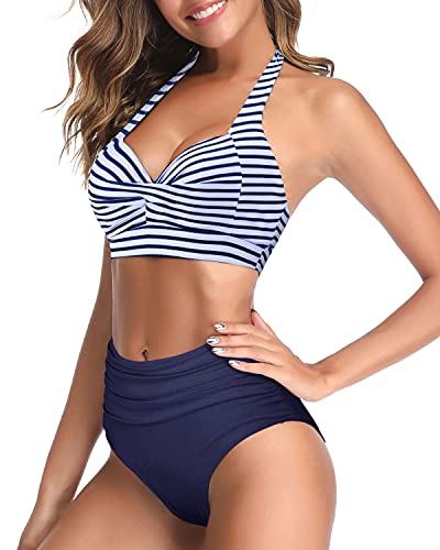 Emoswim - Two Piece Halter Ruched Highwaist Bikini Bathing Suit-Blue White Stripe