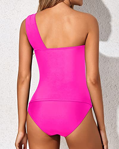 Emoswim - Elegant Shorts Swimsuit Ruched One Shoulder Tankini-Neon Pink