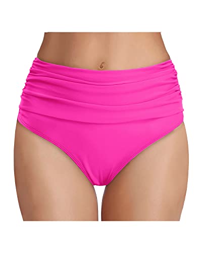 Emoswim - Ruched Tummy Control High Waisted Women's Bikini Bottom-Neon Pink