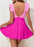 Emoswim - Women's One Piece Swimsuit Ruffle Cutout Swimdress Tummy Control V Neck Wrap Swimwear-Pink