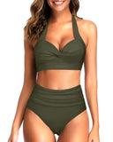 Emoswim - Women's Vintage Retro Halter High Waist High Leg Bikini Swimsuit-Army Green