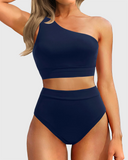 Emoswim - One Shoulder High Waisted Bikini Sets Two Piece Swimsuit Tummy Control-Navy Blue