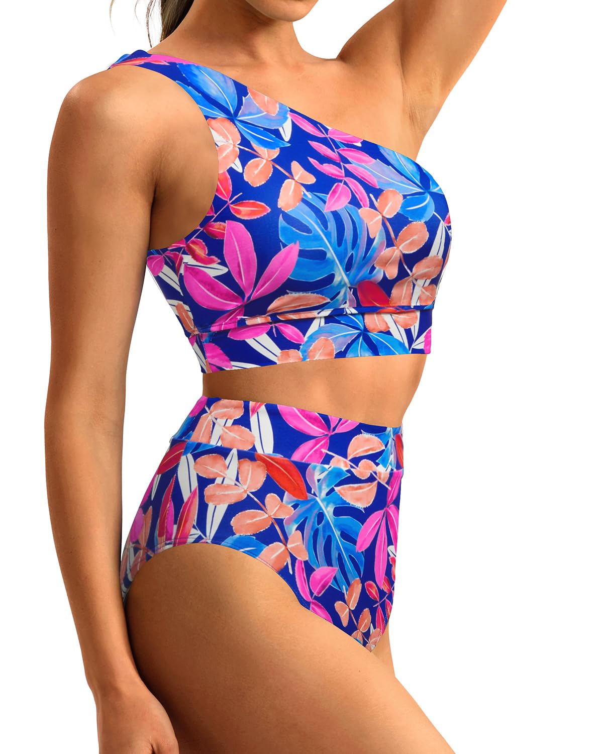 Emoswim - One Shoulder High Waisted Bikini Sets Two Piece Swimsuit Tummy Control-Colorful Leaves