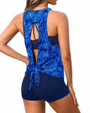 Emoswim - Damen 3-teiliger Scoop-Ausschnitt Criss-Cross Tankini Badeanzug - Blaues Paisley