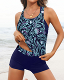 Emoswim - Women's 3 Piece Scoop Neck Criss Cross Tankini Swimsuits-Navy Blue Vine