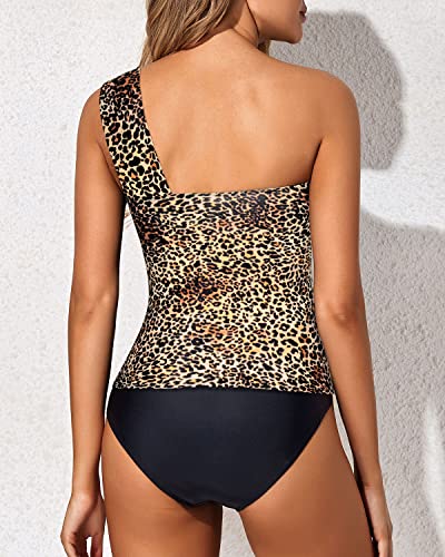 Emoswim - Flattering Backless Swimwear 2 Piece Tankini Bathing Suits For Women Shorts-Black And Leopard