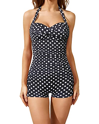 Emoswim - Twist Front Bandeau Swimsuits Retro One Piece Bathing Suit-Black Dot