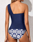 Emoswim - Women's Two Piece Tankini One Shoulder Swim Top Shorts Swimsuits-Navy Blue Tribal