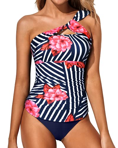 Emoswim - Tankini Bathing Suits For Women One Shoulder Swim Top And Shorts Swimsuits-Blue Floral