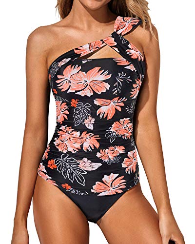 Emoswim - Chubby Girls & Young Moms Two Piece Tankini Bathing Suits For Women-Black Orange Floral