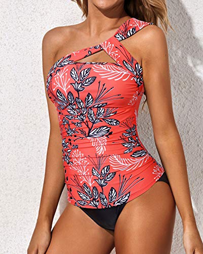 Emoswim - Women's Tankini Set One Shoulder Top & Ruched Shorts-Red Floral