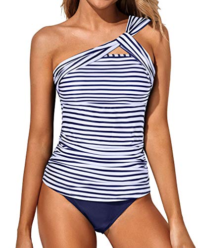 Emoswim - Stylish One Shoulder Swim Top 2 Piece Tankini Bathing Suits For Women Shorts-Blue White Stripe