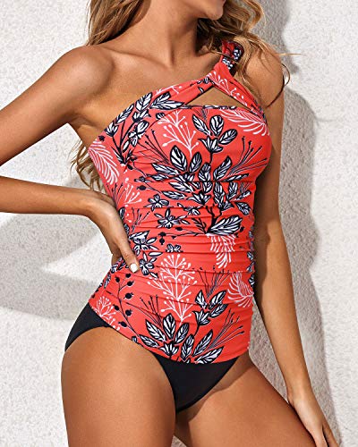 Emoswim - Women's Tankini Set One Shoulder Top & Ruched Shorts-Red Floral