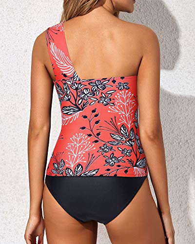 Emoswim - Women's Tankini Set One Shoulder Top & Ruched Shorts-Red Floral
